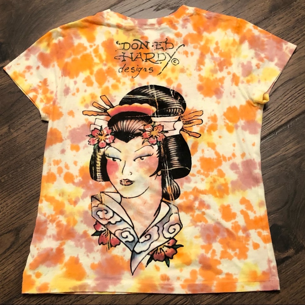 Ed Hardy Tee T-shirt Tie-Dye Koi Fish/Geisha Graphic Short Sleeve Top Small - Picture 6 of 8